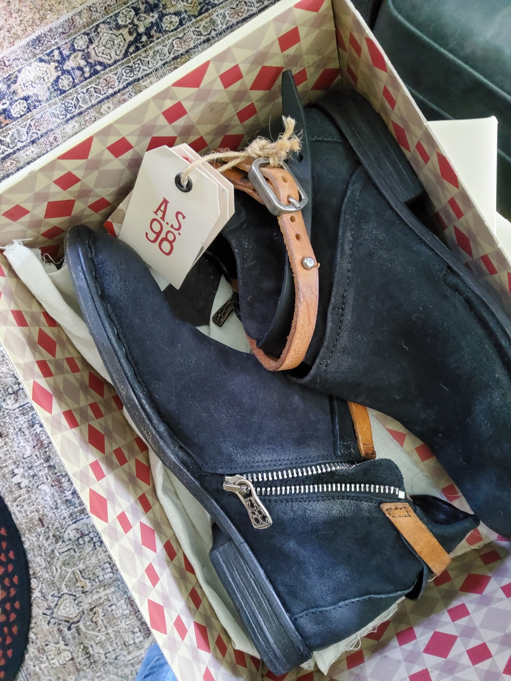 A.S.98 Black Suede Ankle Boots with Tan Leather Accents